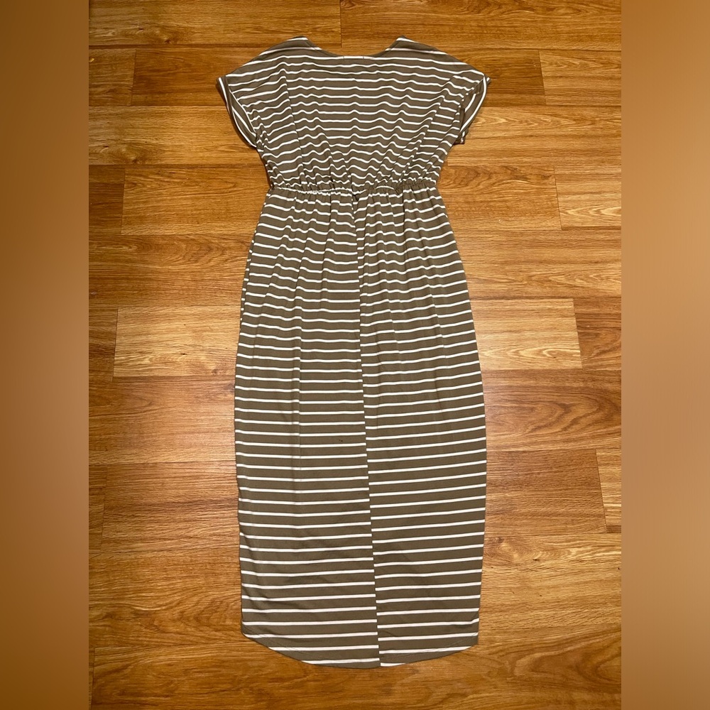 White Birch Ruched Waist Wrap Maxi Dress, Khaki White Stripe Extra Large - Picture 8 of 8